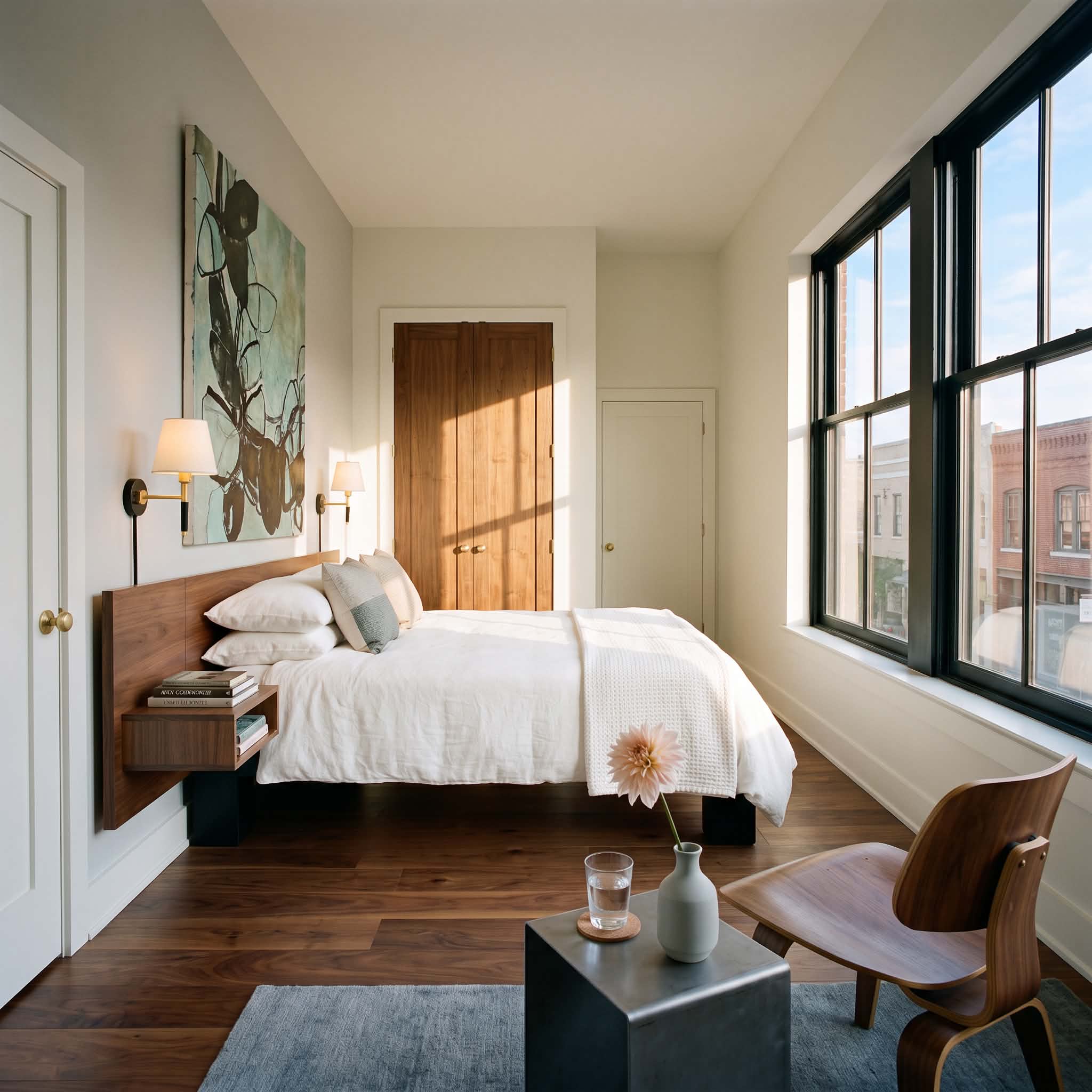 Bright bedroom with downtown views