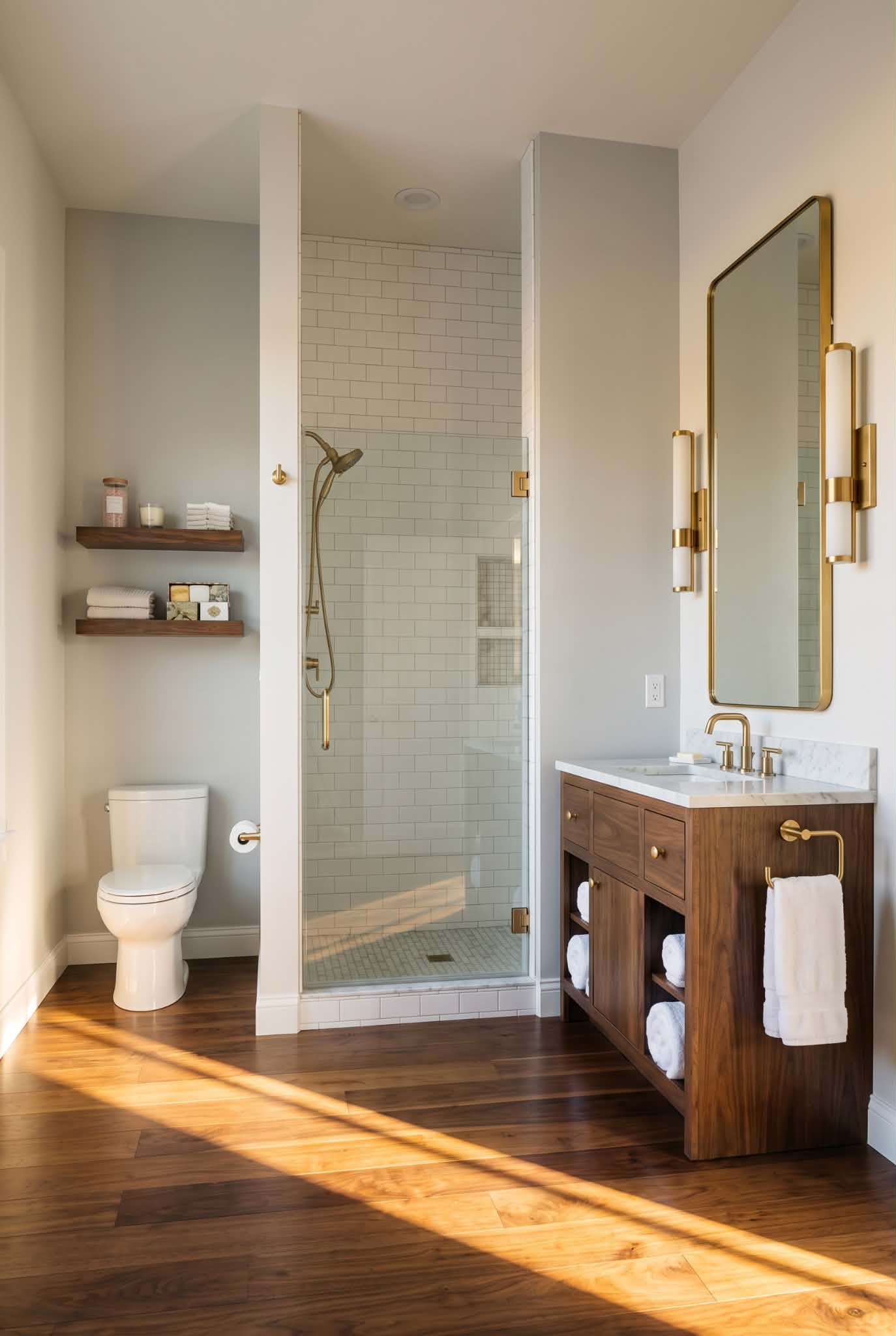 Sunlit bathroom with glass shower and wood vanity